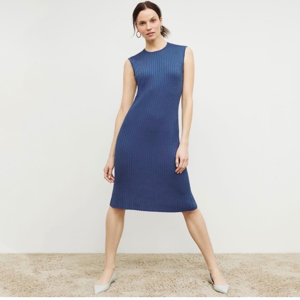MM LAFLEUR Dylan Dress Women's XL Blue Ribbed Slinky Knit Midi‎ Fitted $245
